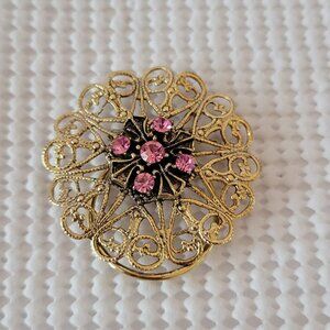 Gold Tone Round Open Work Pink Rhinestone Cluster Starburst Floral Scarf Clip